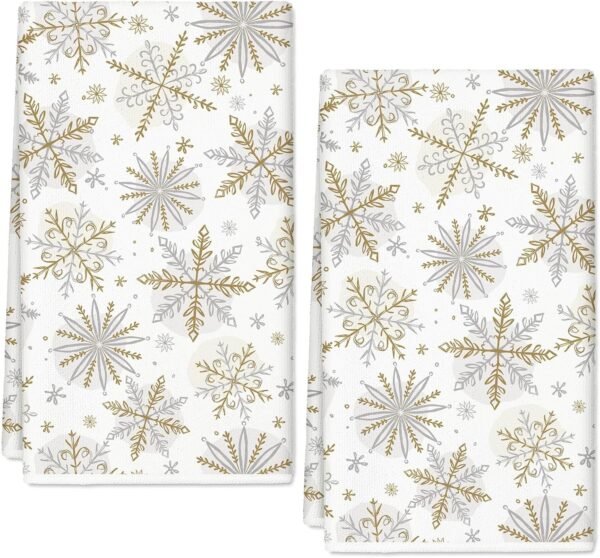 AnyDesign Christmas Kitchen Towels 18 x 28 Inch Silver Gold Snowflake Dish Towel Xmas Winter Absorbent Hand Drying Tea Towel for Cooking Baking, 2Pcs - Image 2