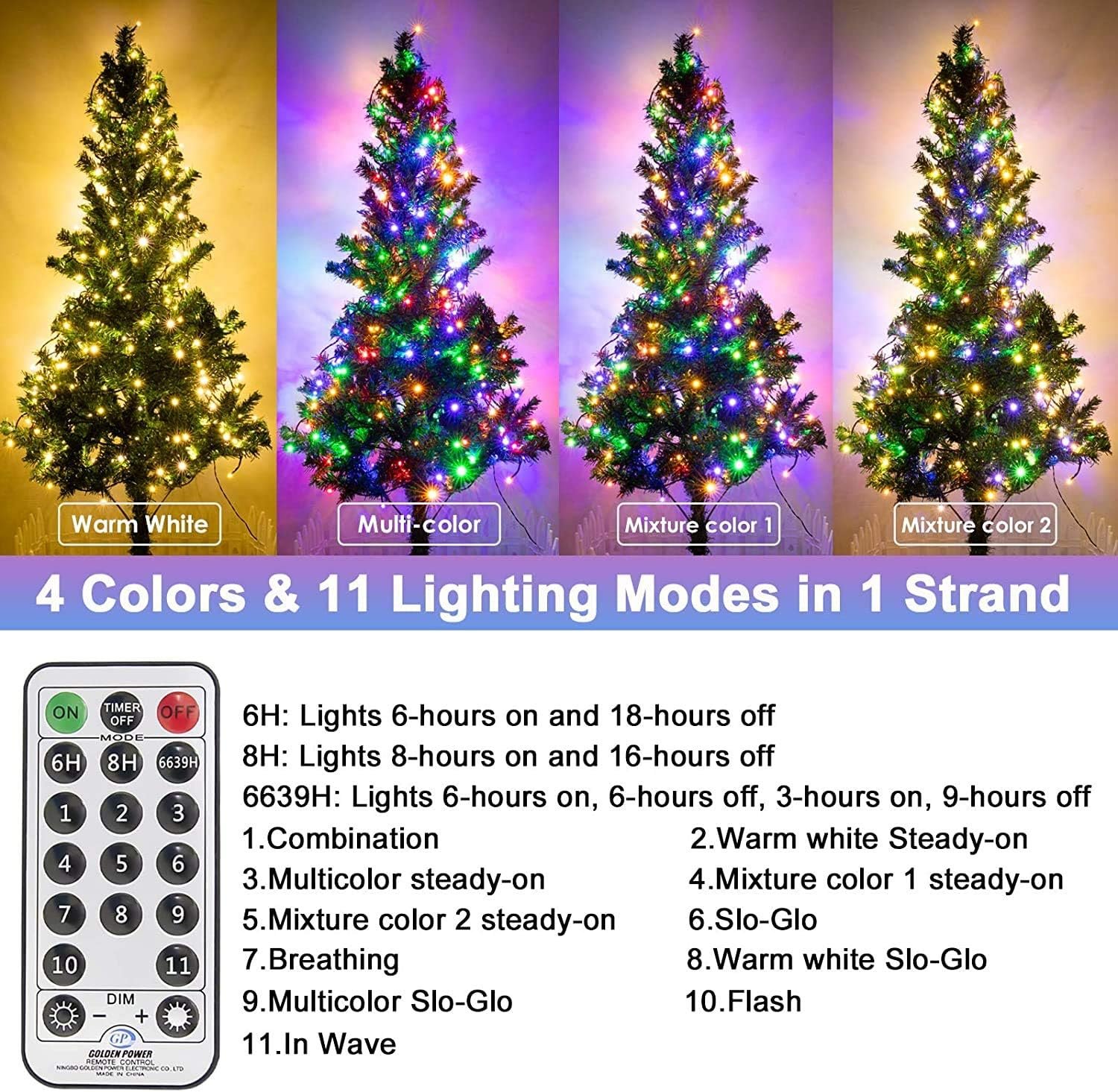 Christmas Lights 300 LED 108FT Color Changing Christmas Tree Lights with Warm White & Multicolor, 11 Modes Waterproof and Connectable Christmas String Lights with Remote for Xmas Decorations - Image 3