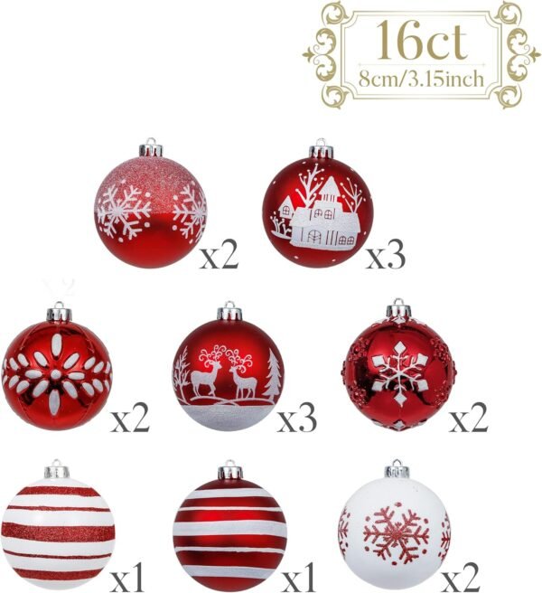 Valery Madelyn Christmas Tree Decorations Set, 16ct Red and White Shatterproof Christmas Ball Ornaments Bulk, 3.15 Inch Traditional Hanging Ornaments for Christmas Trees Xmas Holiday Party Decor - Image 5