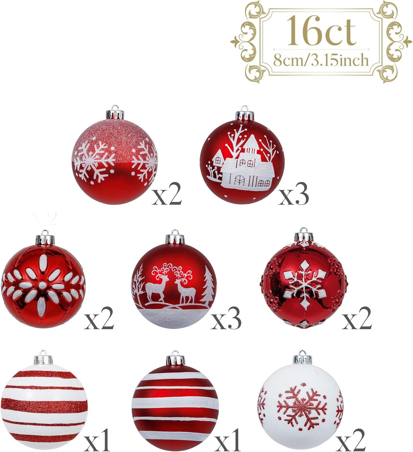 Valery Madelyn Christmas Tree Decorations Set, 16ct Red and White Shatterproof Christmas Ball Ornaments Bulk, 3.15 Inch Traditional Hanging Ornaments for Christmas Trees Xmas Holiday Party Decor - Image 5