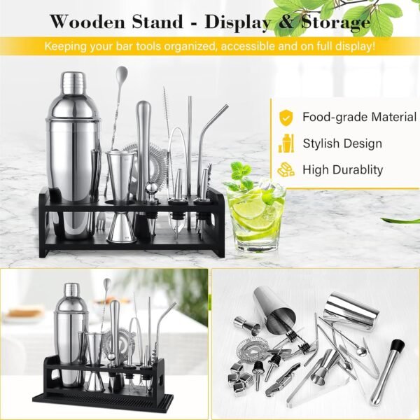 Cocktail Shaker Set, 16PCS Bartender Kit with Stand & Recipes, Bar Mat for Cocktail, Bar Tools Set with All Bar Essential Accessories Bartending Kit, for Drink Mixing Home Bar Party, Silver - Image 6