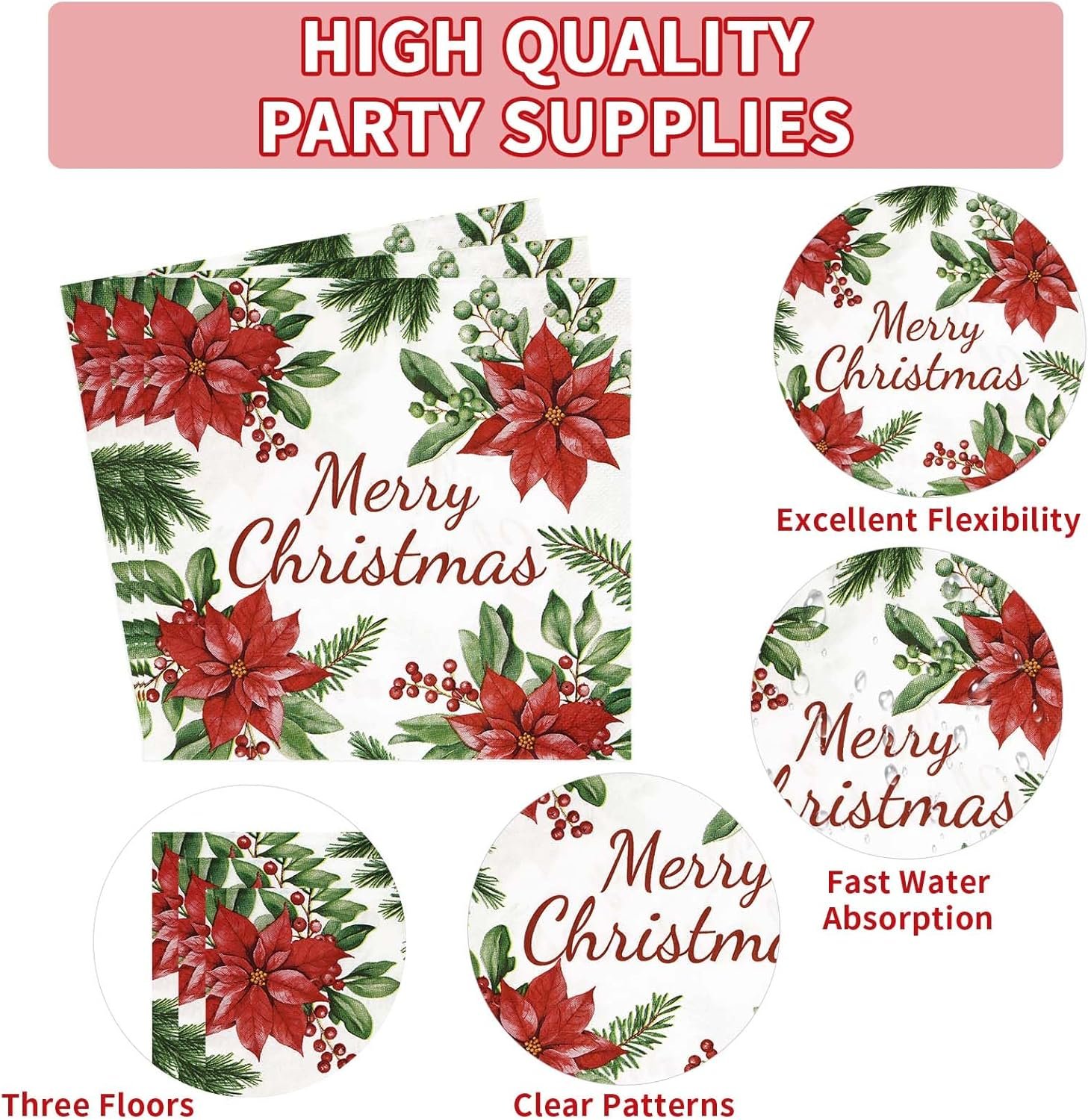 96Pcs Christmas Paper Plates and Napkins Set Poinsettia Flower Christmas Plates Disposable 350GSM Merry Christmas Party Tableware Set for Christmas Wedding Party Holiday Xmas Decorations, Serves 24 - Image 4