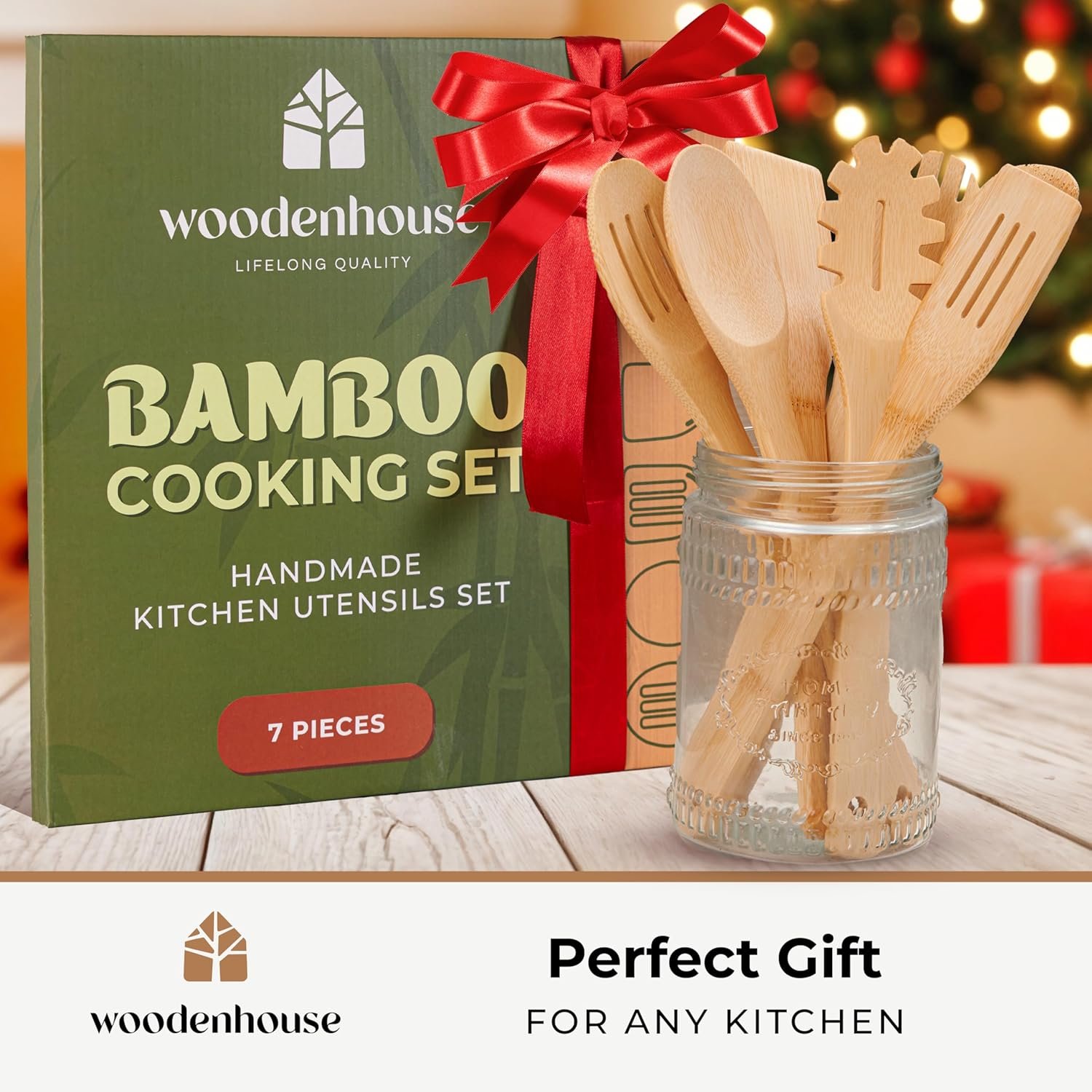 Wooden Utensil Set, Bamboo Wooden Cooking Utensils, Kitchen Gift Ideas – 7 PCs Easy to Clean Wooden Kitchen Utensil Set, Sturdy, Lightweight & Heat Resistant - Image 3