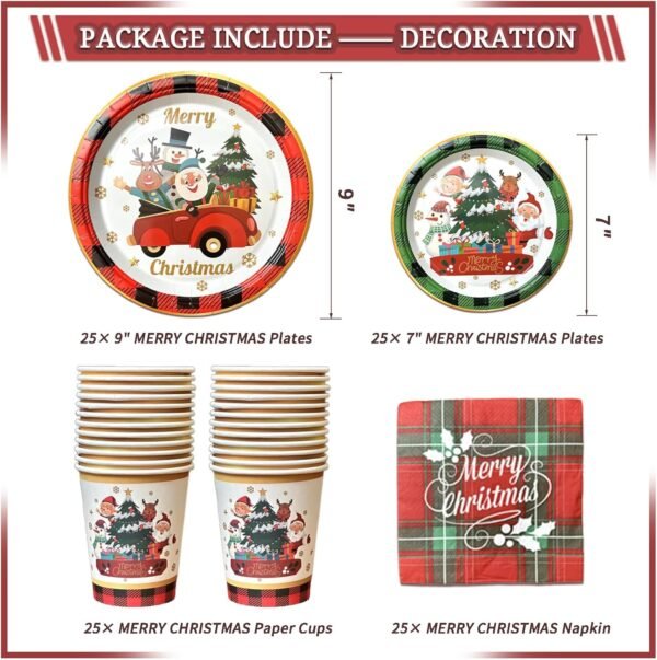 331 Pcs Christmas Decorations Indoor, Christmas Party Decor Supplies - "MERRY CHRISTMAS" Banner, Fringe Curtain, Swirls, Balloon, Photo Porps, Tableware with Christmas for 25 Guests - Image 4