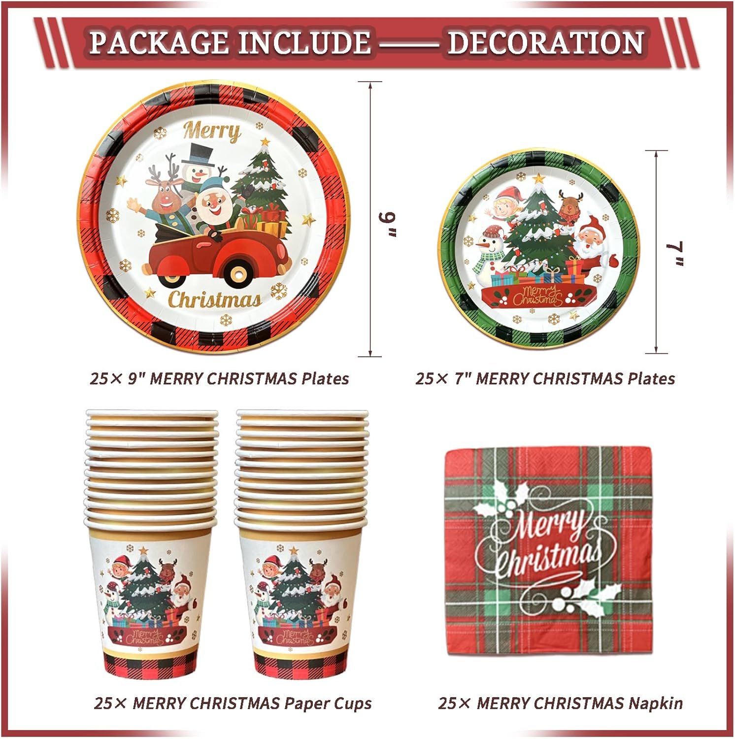 331 Pcs Christmas Decorations Indoor, Christmas Party Decor Supplies - "MERRY CHRISTMAS" Banner, Fringe Curtain, Swirls, Balloon, Photo Porps, Tableware with Christmas for 25 Guests - Image 4