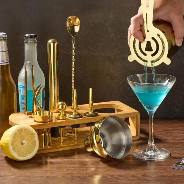 Cocktail Shaker Set Bartender Kit : 12-Piece Bar Tool Set with Bamboo Stand | Bar Set with All Practical Bar Accessories, for Drink Mixing, Bar, Home, Lounge & Party (Gold) - Image 7