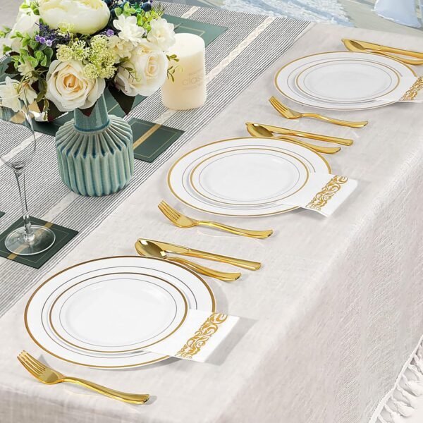 BAYZZ 175 Piece Gold Dinnerware Set, 25 Guest Gold Rim Plastic Plates, 25 Gold Plastic Silverware, 25 Gold Cups, 25 Gold Napkins, Disposable Dinnerware Set 25 Guest, For Wedding, Party - Image 8