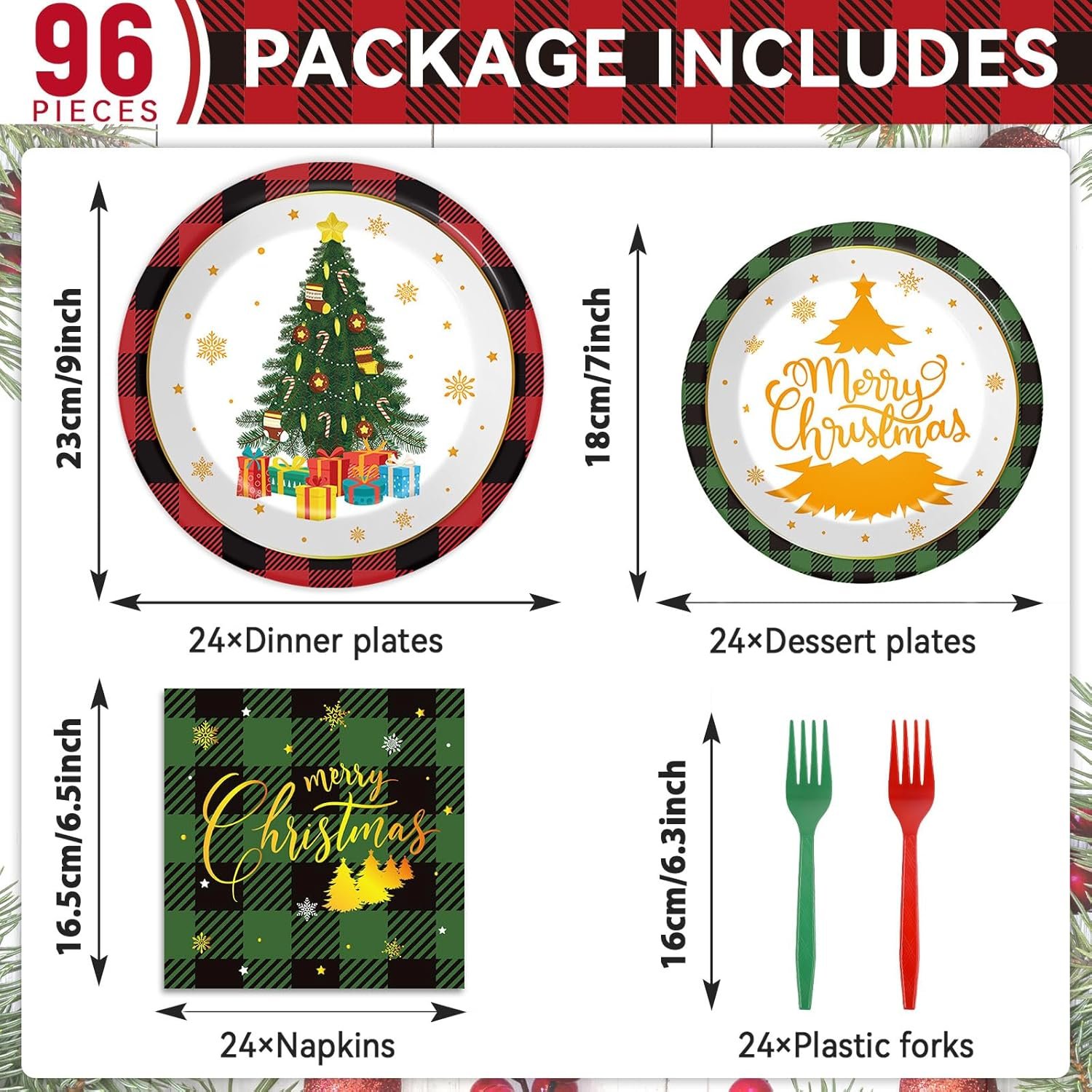 96 Pcs Christmas Paper Plates and Napkins Christmas Xmas Party Supplies Green Red Black Buffalo Plaid Christmas Tree Disposable Tableware Set Merry Christmas Themed Party Favors Holiday Winter Decor - Image 3