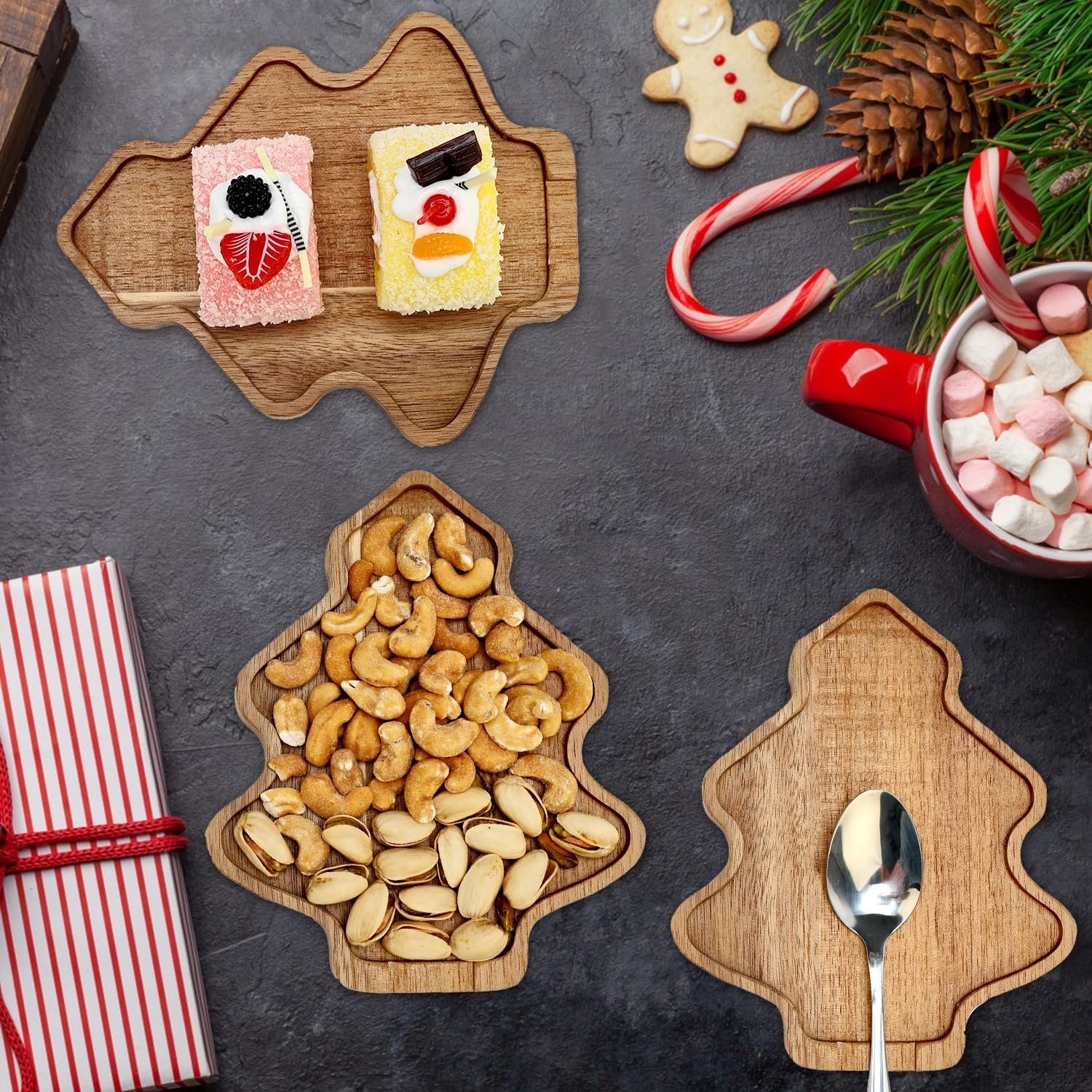 Tree Christmas Spoon Rest for Counter Acacia Wood Spoon Holder Christmas Kitchen Decor Gifts Farmhouse Large Cooking Utensils Holder for Stove Top Wooden Xmas Spoon Rest Spatula Holiday Spoon Rest - Image 4