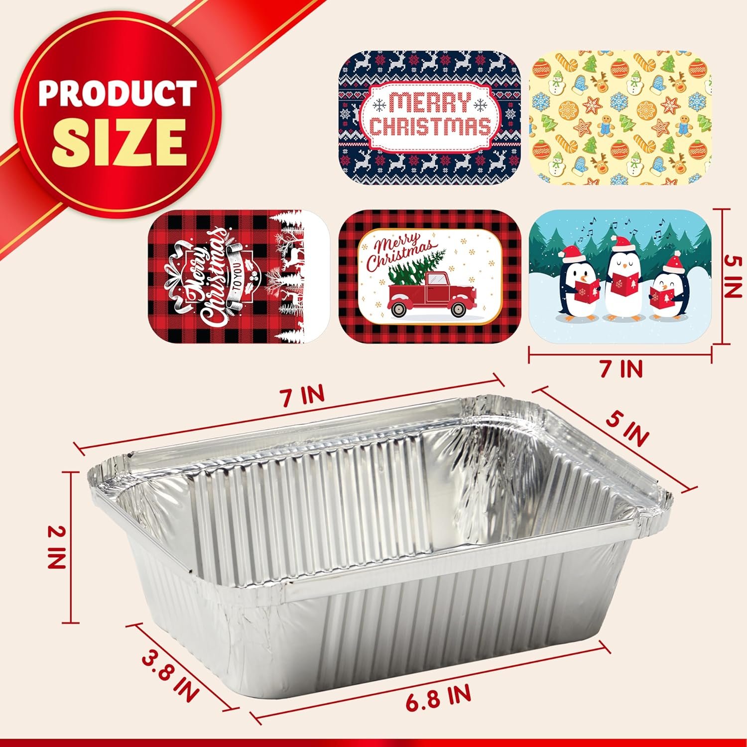 JOYIN 48 Pieces Christmas Foil Containers with Lids, 8 Holiday Designs, 7"x5"x2" Rectangular Treat Foil Containers, Disposable Food Storage Pan for Holiday Leftovers Goodie Container - Image 5
