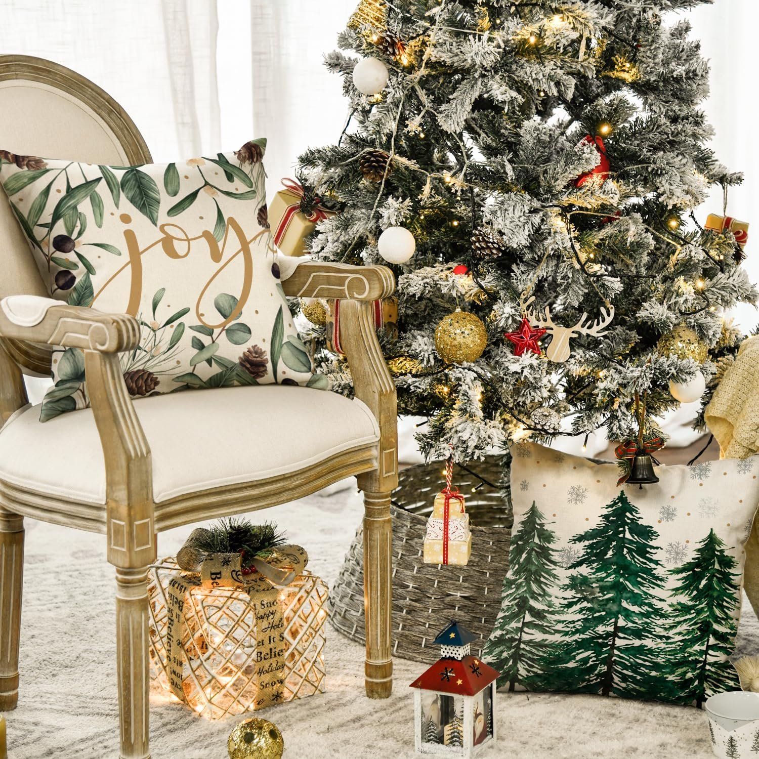 AVOIN colorlife Merry Christmas Trees Snowflake Throw Pillow Covers, 18 x 18 Inch Joy Xmas Balls Winter Holiday Cushion Case Decoration for Sofa Couch Set of 4 - Image 4