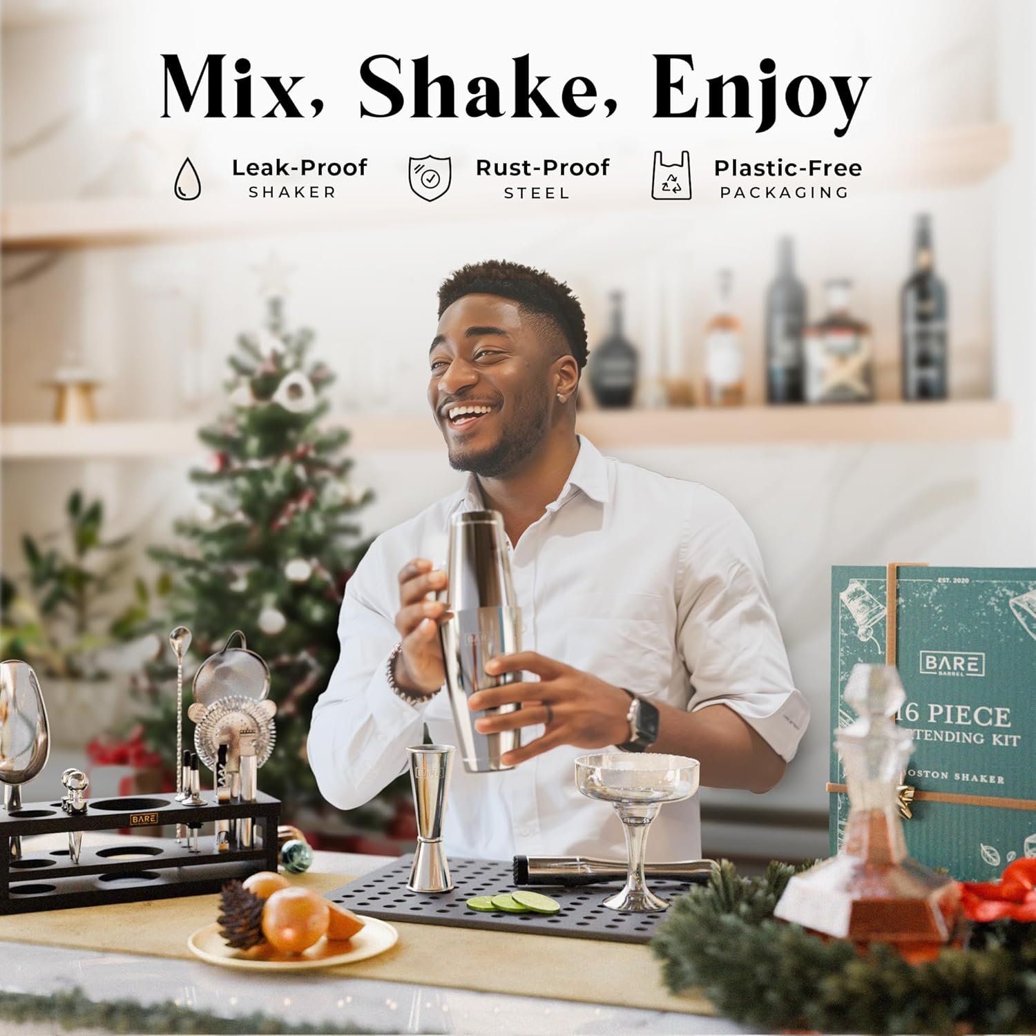 BARE BARREL® Mixology Bartender Kit Bar Set | 16-Piece Cocktail Shaker Set | Martini Barware Mixing Tools for Home Bartending | Incl. 35 Recipe Cards | Gift Set (28oz Boston Shaker, Silver/Black) - Image 6