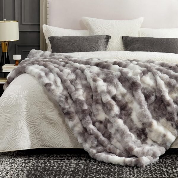 Cozy Bliss Faux Fur Throw Blanket for Couch, Fuzzy Soft Plush Thick Bubble Blanket for Sofa Bedroom Living Room, 50 * 60 Inches Tie-dye Taupe - Image 7