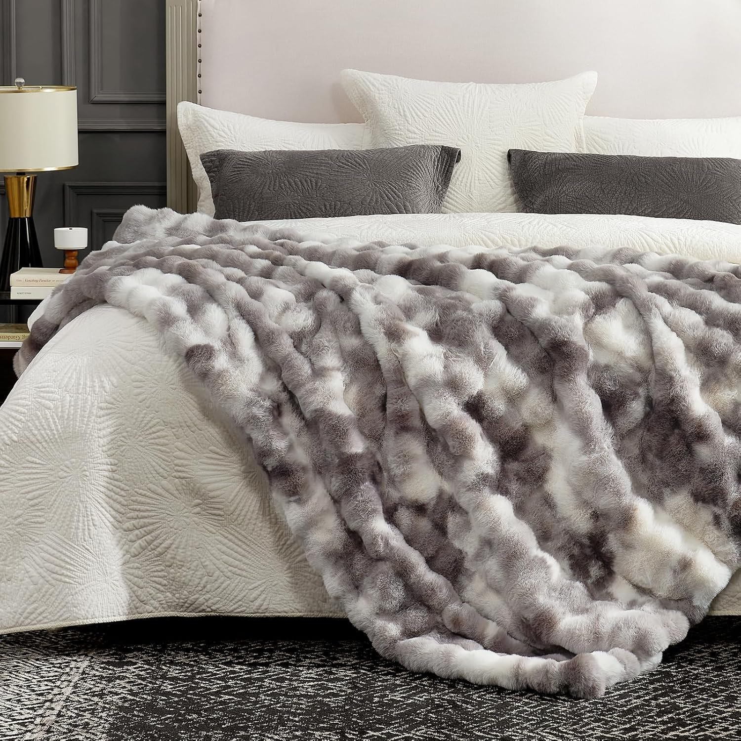 Cozy Bliss Faux Fur Throw Blanket for Couch, Fuzzy Soft Plush Thick Bubble Blanket for Sofa Bedroom Living Room, 50 * 60 Inches Tie-dye Taupe - Image 7
