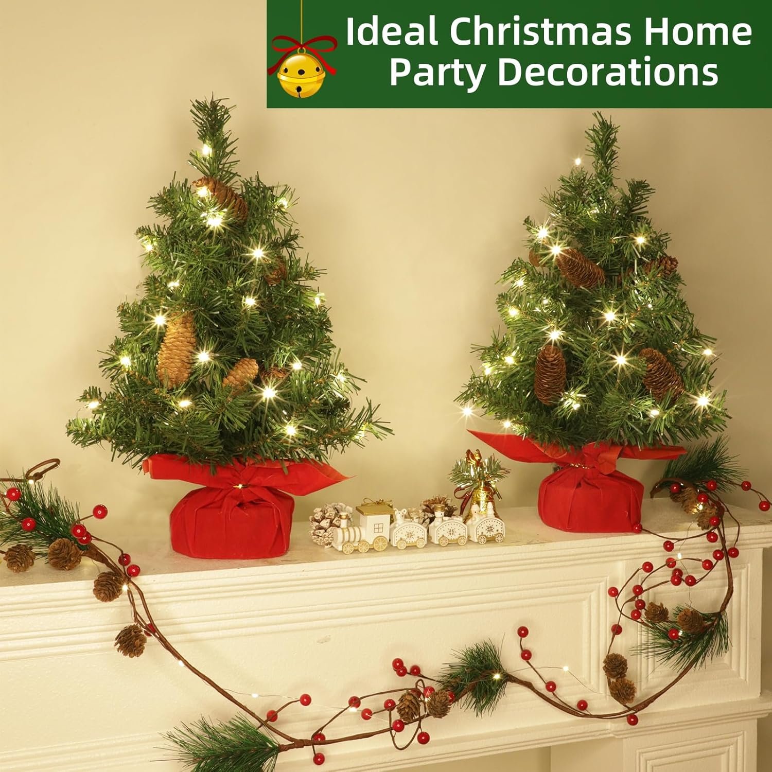 2 Pack Tabletop Christmas Tree with Lights Timer, Mini Small Christmas Tree Battery Operated 40 LED Artificial Cedar Xmas Tree Pinecones Lifelike Classics Branches Wooden Base Table Home Indoor Decor - Image 6