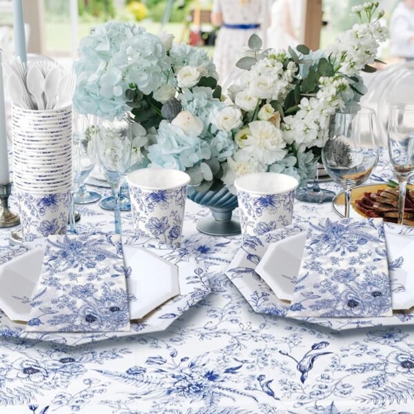 Dandat 402 Pcs Disposable Tableware Set Serve 50 Baby Shower Party Decorations Birthday Party Supplies Set Disposable Plates and Napkins Plastic Tablecloths for Baby Shower(Blue,Floral) - Image 6