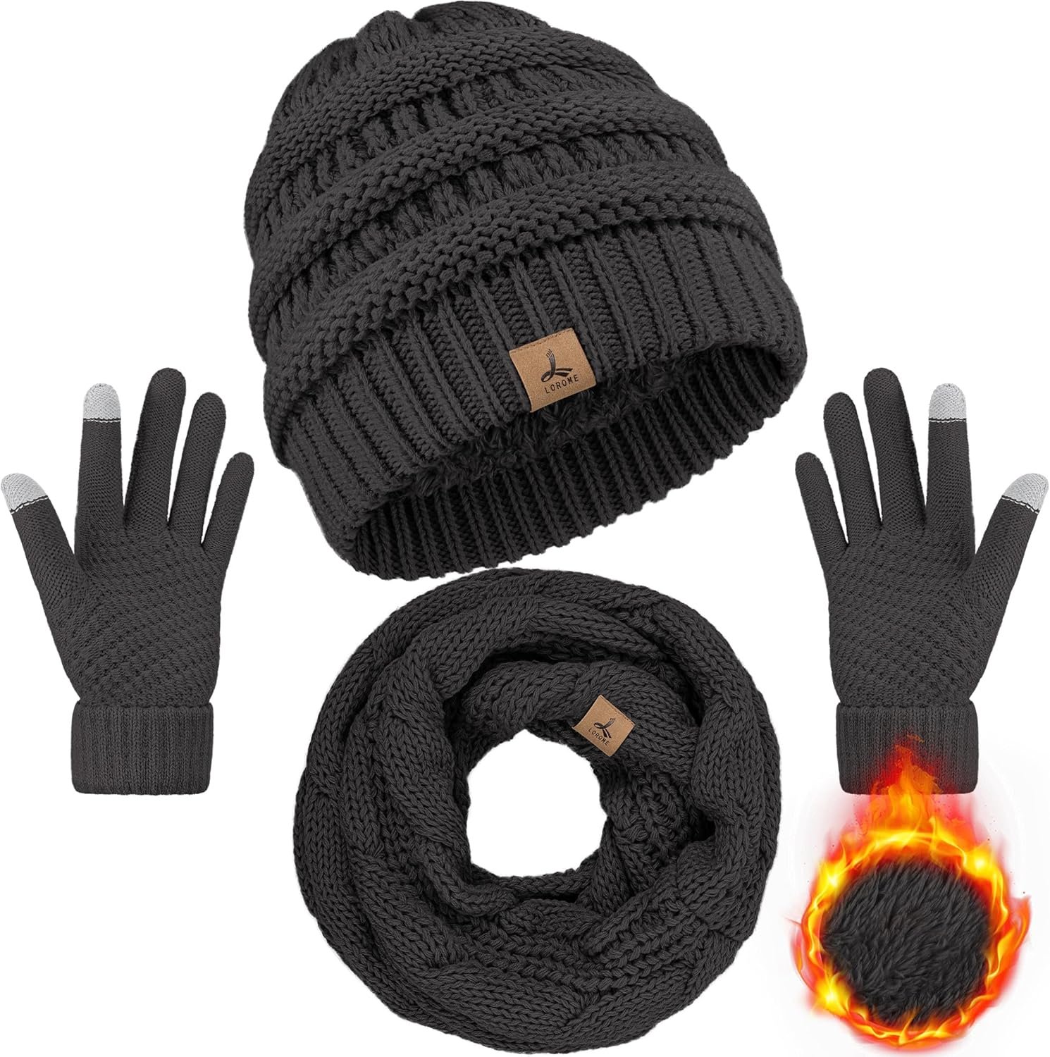 Winter Beanie Hat Scarf Gloves, Warm Fleece Knit Winter Hats Touch Screen Gloves Neck Scarf Set Winter Gifts for Unisex Adult - Image 2
