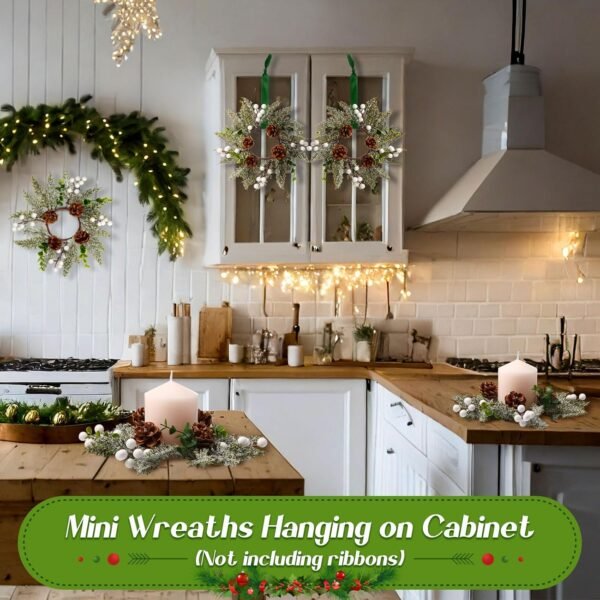 9 Pcs Christmas Candle Rings Wreath Artificial Red Berries and Pine Cones Candle Wreaths Snowy Pine Garland Candle Ring Holder for Christmas Wedding Festive Home Table Decoration - Image 4