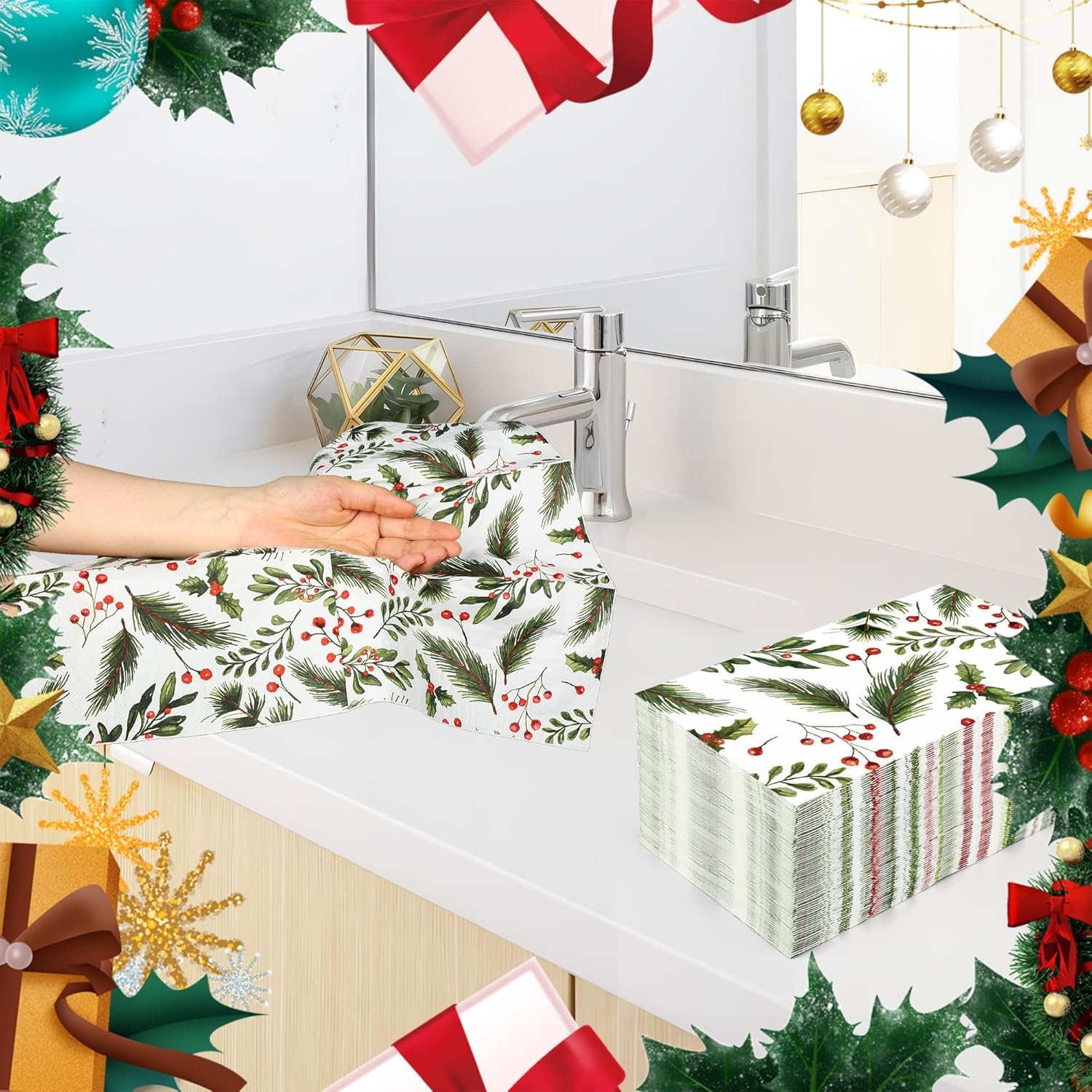 100 PCS Christmas Guest Napkins Berries Pine Paper Napkins 3-Ply Disposable Holly Berries Napkins Xmas Party Greenery Dinner Hand Towels for Winter Holiday Home Kitchen Bathroom Wedding Party Supplies - Image 6