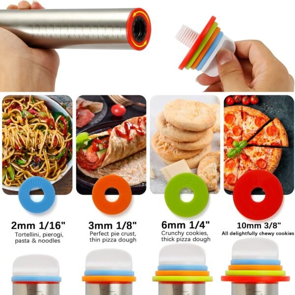 MIKULA Rolling Pin, Rolling Pins Thickness Rings and Silicone Baking Pastry Mat Set, Stainless Steel Dough Roller Rolling Pins for Baking & Bench Scraper For Pizza, Cookies, Pie, Pasta, Pastries - Image 3
