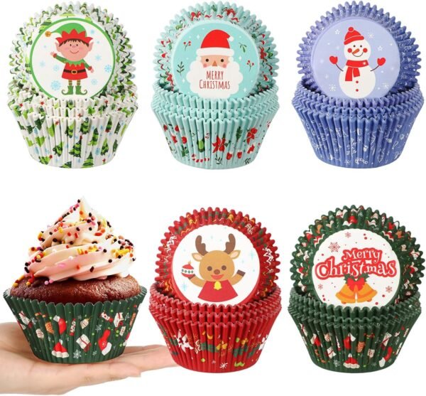 Frienda 500 Pcs Christmas Jumbo Cupcake Liners 3.75 Inch Christmas Cupcake Papers Baking Cup Jumbo Muffin Liners Large Cupcake Wrapper for Holiday Chocolate Cake Making Supplies, 5 Style(Mixed Style) - Image 2