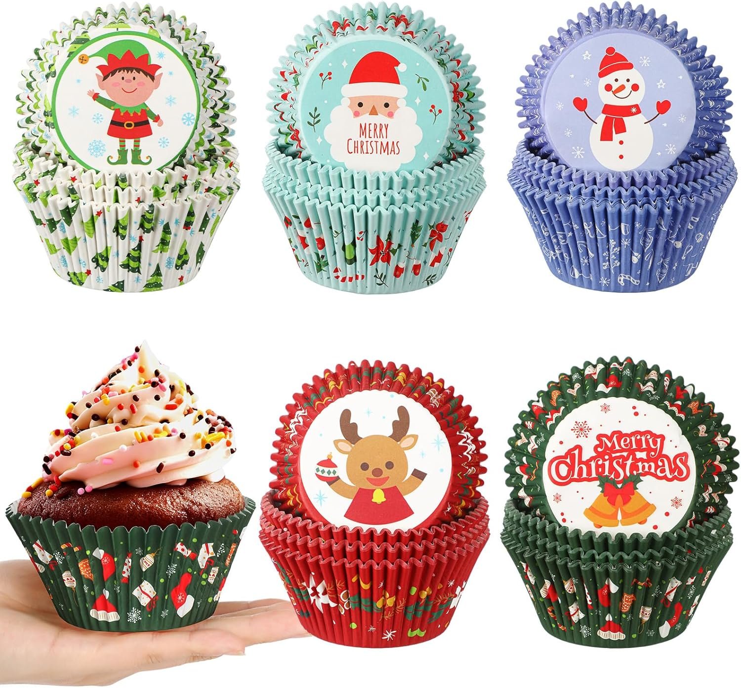 Frienda 500 Pcs Christmas Jumbo Cupcake Liners 3.75 Inch Christmas Cupcake Papers Baking Cup Jumbo Muffin Liners Large Cupcake Wrapper for Holiday Chocolate Cake Making Supplies, 5 Style(Mixed Style) - Image 2