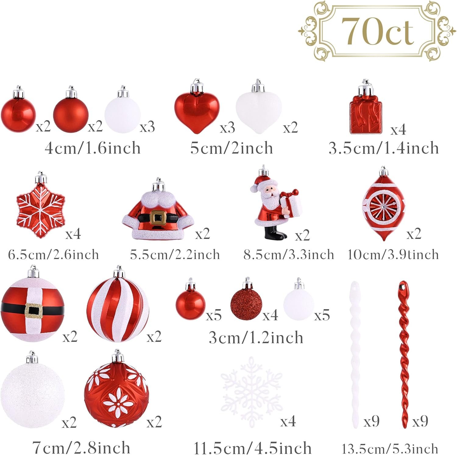 Valery Madelyn Christmas Ornaments Set, 70ct Red and White Shatterproof Christmas Tree Decorations Set, Variety Traditional Red and Silver Decorative Hanging Ball Ornaments Bulk for Xmas Holiday Decor - Image 4