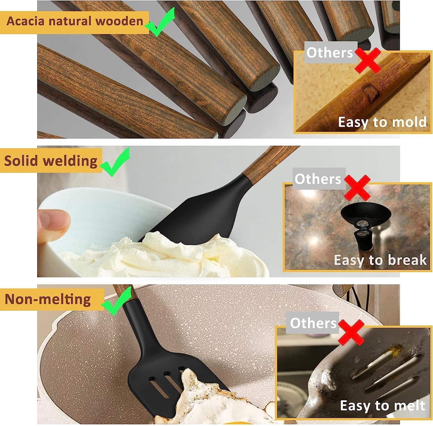 Silicone Cooking Utensil Set, Umite Chef 8-Piece Kitchen Set with Natural Acacia Wooden Handles,Food-Grade Silicone Heads-Silicone Kitchen Gadgets Spatulas Set for Nonstick Cookware- Black - Image 7