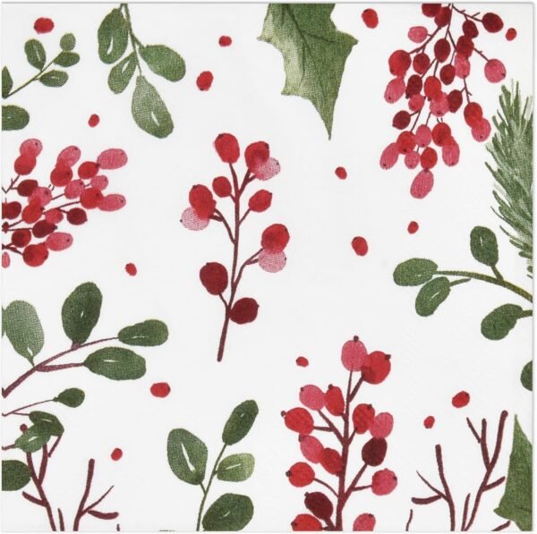 100 Christmas Berries and Greenery Cocktail Beverage Napkins Disposable Paper Xmas Holly Berry Pine Dessert Napkin for Winter Holiday Home Kitchen Wedding Party Supplies Tableware Decorations - Image 2