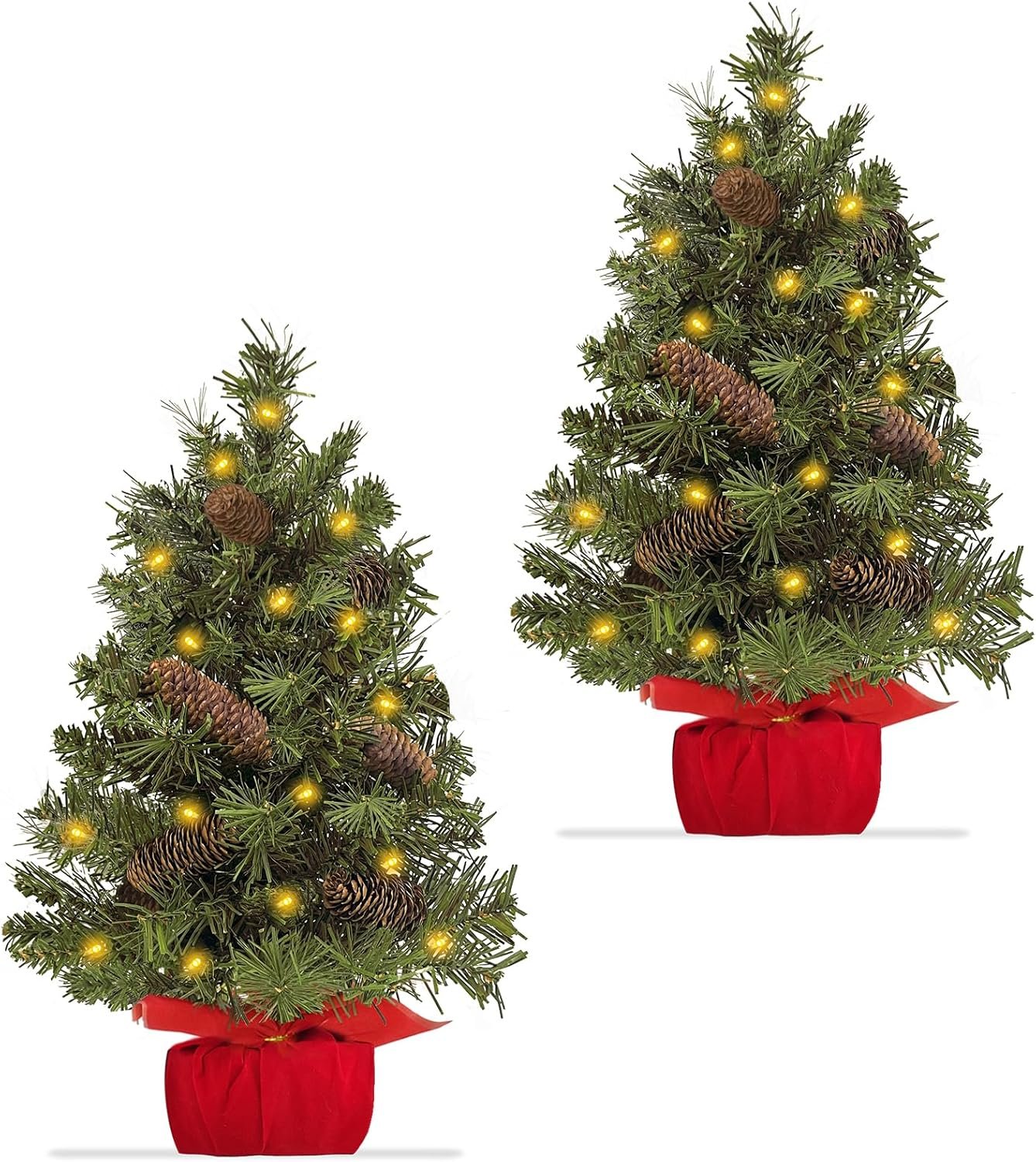 2 Pack Tabletop Christmas Tree with Lights Timer, Mini Small Christmas Tree Battery Operated 40 LED Artificial Cedar Xmas Tree Pinecones Lifelike Classics Branches Wooden Base Table Home Indoor Decor - Image 2