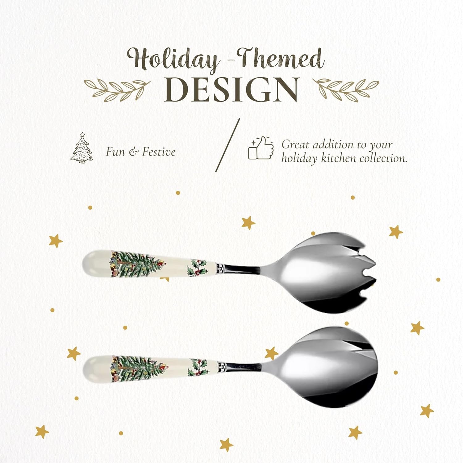 Portmeirion Christmas Tree Salad Server Set (2-Piece) - 10 Inch Stainless Steel with Porcelain Handles, Festive Flatware for Holiday Dining - Dishwasher Safe, Seasonal Entertaining & Gift-Giving - Image 4