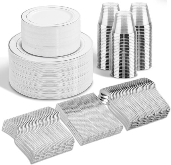 WELLIFE 600 Pcs Sliver Disposable Plates for 100 Guests, Plastic Plates for Party, Dinnerware Set of 100 Dinner Plates, 100 Salad Plates, 100 Spoons, 100 Forks, 100 Knives, 100 Cups - Image 2