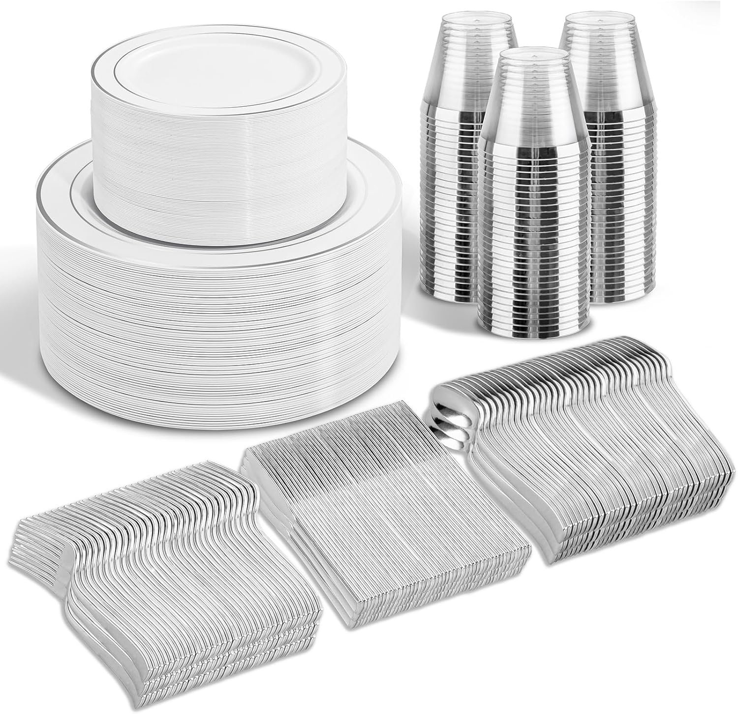 WELLIFE 600 Pcs Sliver Disposable Plates for 100 Guests, Plastic Plates for Party, Dinnerware Set of 100 Dinner Plates, 100 Salad Plates, 100 Spoons, 100 Forks, 100 Knives, 100 Cups - Image 2