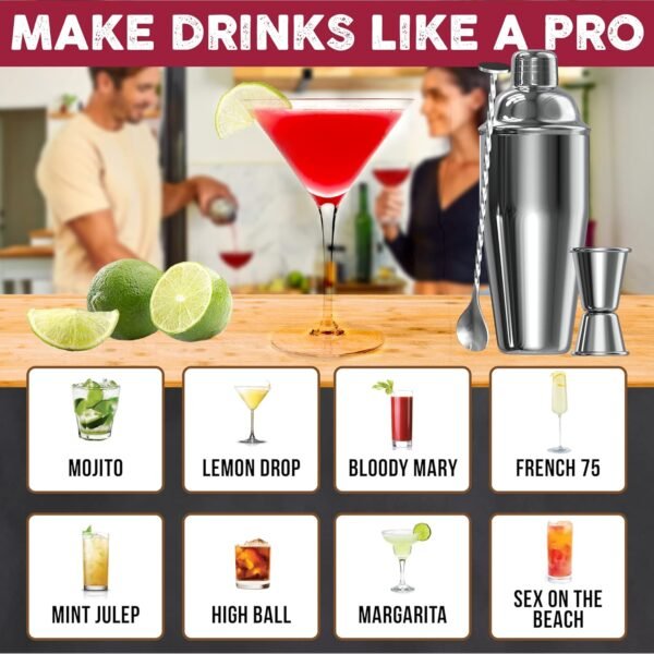 24oz Cocktail Shaker Set with Bar Accessories for Home Bar Shaker Set - Martini Shaker, Jigger, Drink Shaker Mixer Spoon - Alcohol Shaker Bartender Gift - Bartending Kit Essential for Home - Cresimo - Image 6
