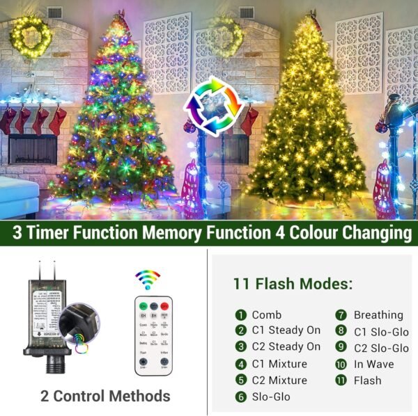 Marchpower Christmas Tree Lights Color Changing, 11 Modes Christmas Light Outdoor with Remote Control, 400 Diamond LED 6.6FTx10 Waterproof Xmas Tree Lights with Timer & Memory Function for Indoor - Image 4