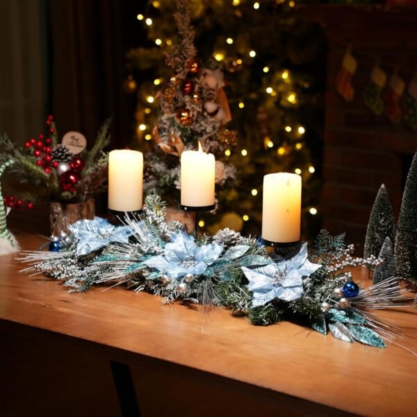Meonum 37in Christmas Centerpieces for Tables Decorations with 3 Glitter Blue Poinsettia, 3 Candle Holders, 10 Zip Ties, Enchanting Blue Christmas Dining Table Centerpieces Entryway, Mantel, Holiday - Image 3