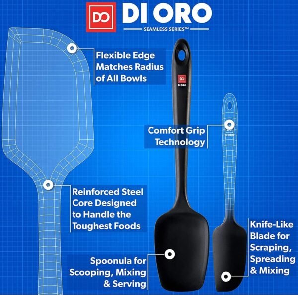 DI ORO Silicone Spatula Set - Rubber Kitchen Spatulas for Baking, Cooking, & Mixing - 600°F Heat-Resistant & BPA Free Silicone Scraper Spatulas for Nonstick Cookware - Dishwasher Safe (5pc, Black) - Image 5