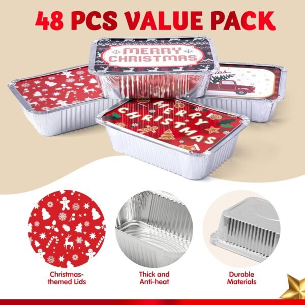 JOYIN 48 Pieces Christmas Foil Containers with Lids, 8 Holiday Designs, 7"x5"x2" Rectangular Treat Foil Containers, Disposable Food Storage Pan for Holiday Leftovers Goodie Container - Image 4