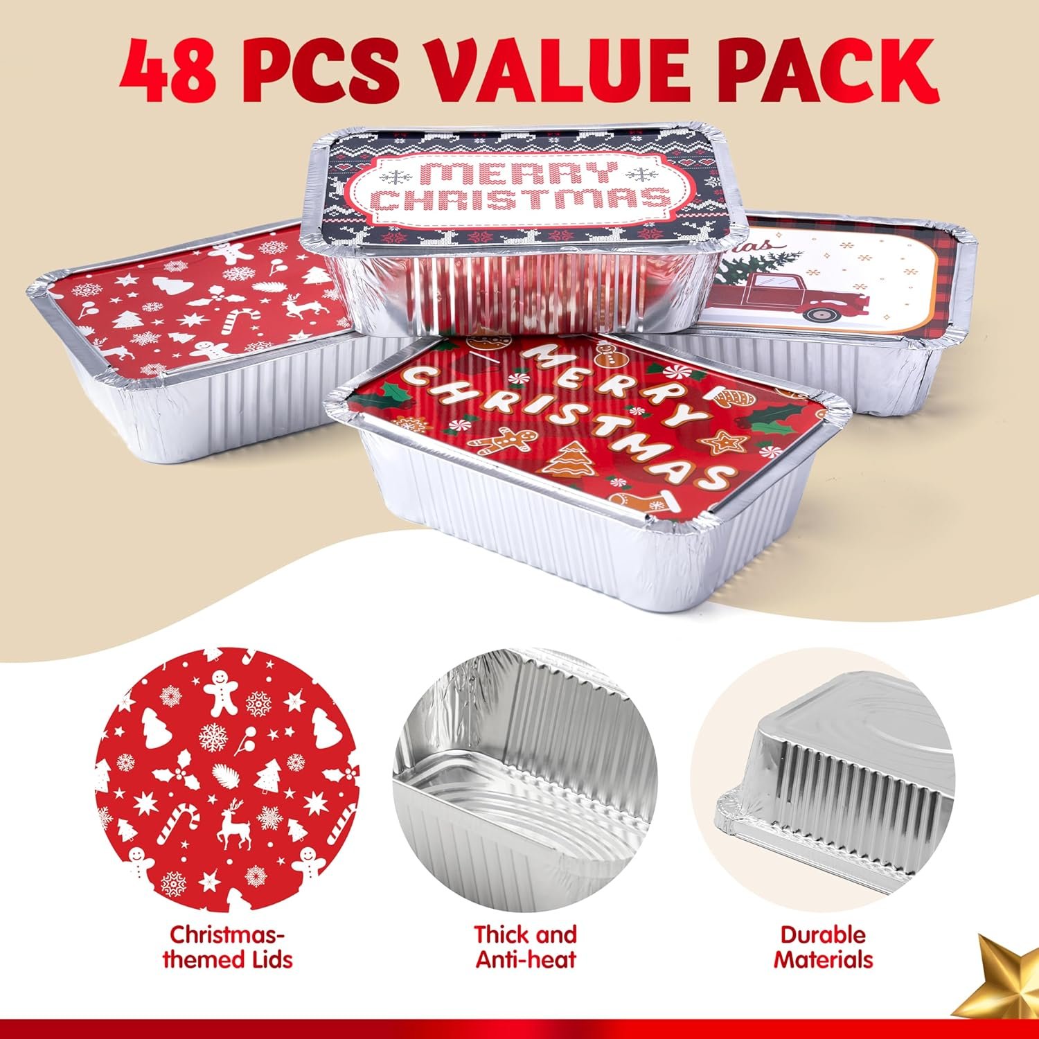 JOYIN 48 Pieces Christmas Foil Containers with Lids, 8 Holiday Designs, 7"x5"x2" Rectangular Treat Foil Containers, Disposable Food Storage Pan for Holiday Leftovers Goodie Container - Image 4