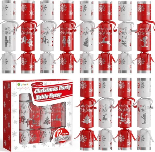 D-FantiX 12 Pack Christmas Party Favors with Red & White Snowflake Design, No-Snap Party Table Favors with Party Hats Joke Little Gifts, Xmas Holiday Dinner Traditions Supplies, Gift for Kids Adult - Image 2