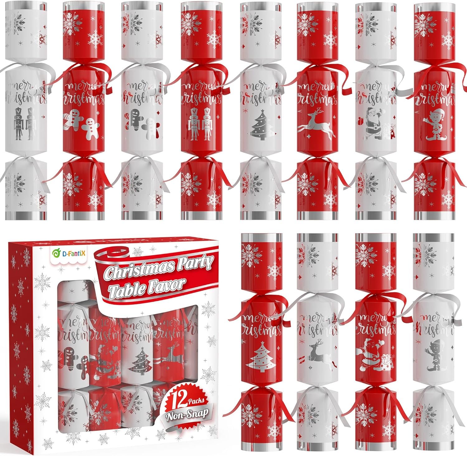 D-FantiX 12 Pack Christmas Party Favors with Red & White Snowflake Design, No-Snap Party Table Favors with Party Hats Joke Little Gifts, Xmas Holiday Dinner Traditions Supplies, Gift for Kids Adult - Image 2