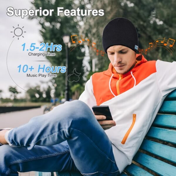 Bluetooth Beanie, Bluetooth 5.2 Wireless Beanies Hats, HD Stereo and Built-in Microphone, 10+ Hours Playtime, Unique Tech Gifts for Men Husband Him Teen, Christmas Stocking Stuffers, Black - Image 4