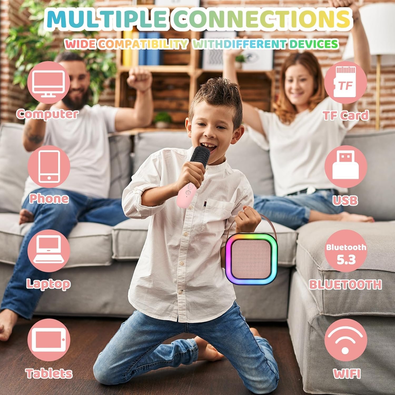 Karaoke Machine for Kids Adults, Karaoke Machine with 2 Wireless Microphone, Portable Bluetooth Karaoke Speaker with Colorful Lights for Girls and Boys 4-10 +Year Old Birthday, (Pink) - Image 4