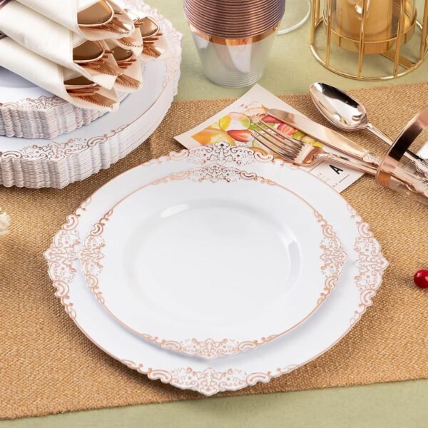 350PCS Rose Gold Plastic Plates for 50 Guests, Disposable Dinnerware Sets Include 100 Rose Gold Rim Plastic Plates, 50 Silverware, 50 Pre Rolled Napkins for Party, Wedding & Decor - Image 5