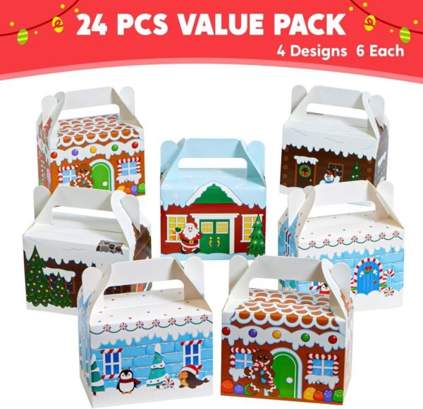 JOYIN 24 PCS 3D Christmas House Cardboard Treat Boxes for Holiday Xmas Goody Gift, Goodie Paper Boxes, School Classroom Party Favor Supplies, 4 Designs Candy Treat Cardboard Cookie Boxes - Image 3