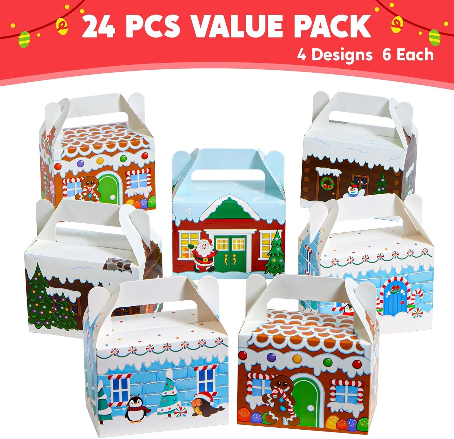 JOYIN 24 PCS 3D Christmas House Cardboard Treat Boxes for Holiday Xmas Goody Gift, Goodie Paper Boxes, School Classroom Party Favor Supplies, 4 Designs Candy Treat Cardboard Cookie Boxes - Image 3