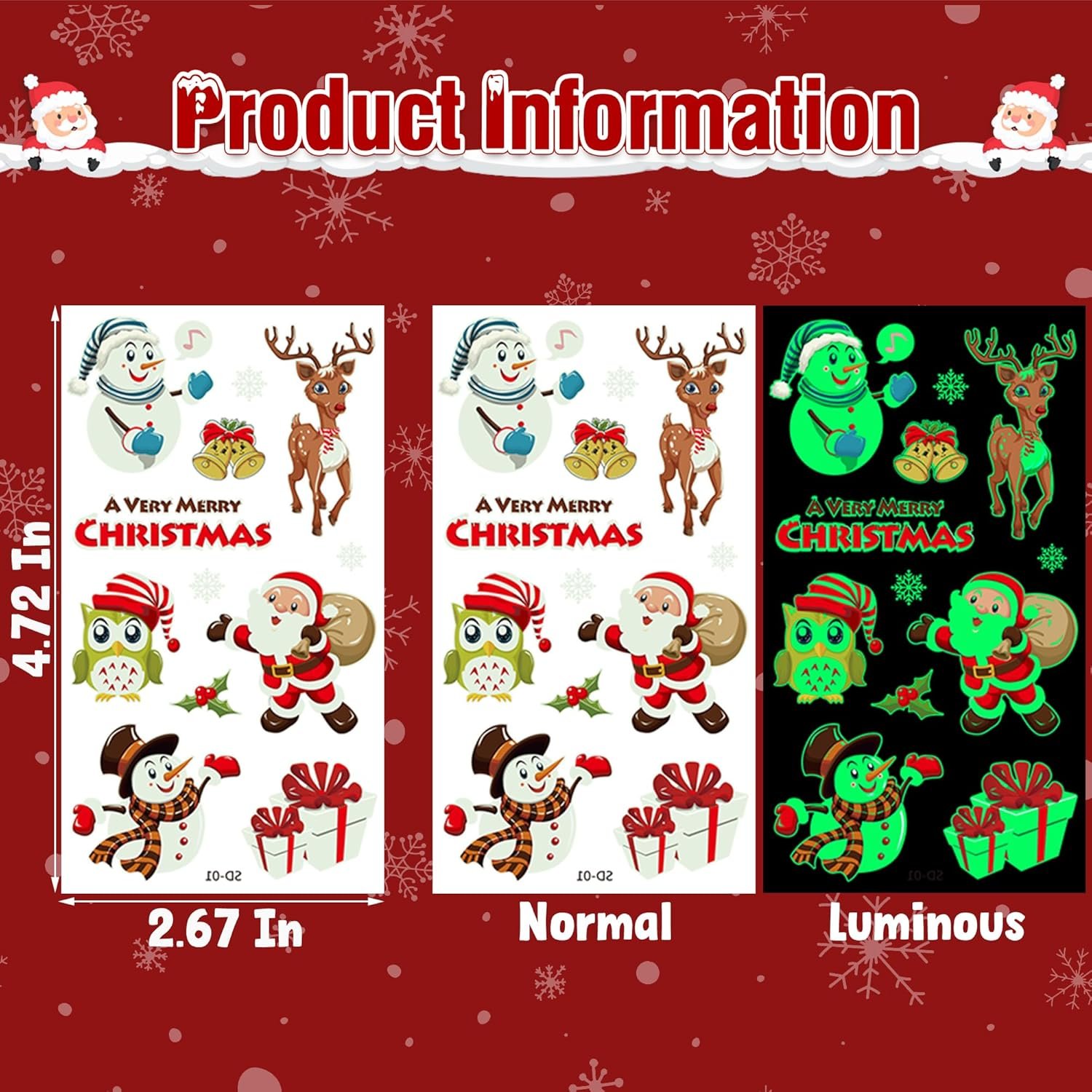 120PCS Luminous Christmas Tattoos for Kids, 10 Sheets Xmas Accessories Glow in the Dark Fake Tattoo Stickers with Santa for Stocking Stuffers, Cute Christmas Party Favors Supplies for Boys Girls - Image 9