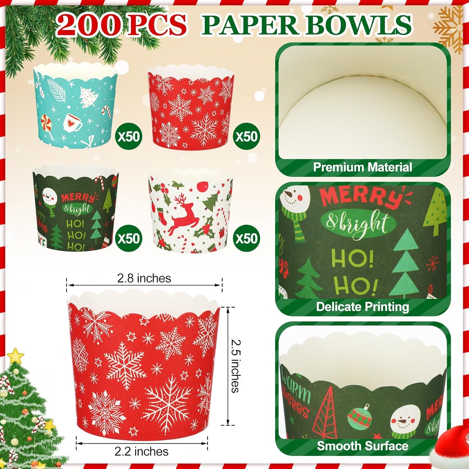 Uiifan 200 Pcs 6 oz Muffin Cupcakes Christmas Baking Paper Cups Greaseproof Baking Cup Christmas Muffin Paper Cups 4 Styles Xmas Baking Paper Cup Christmas Party Supplies for Cake Balls Candies - Image 4