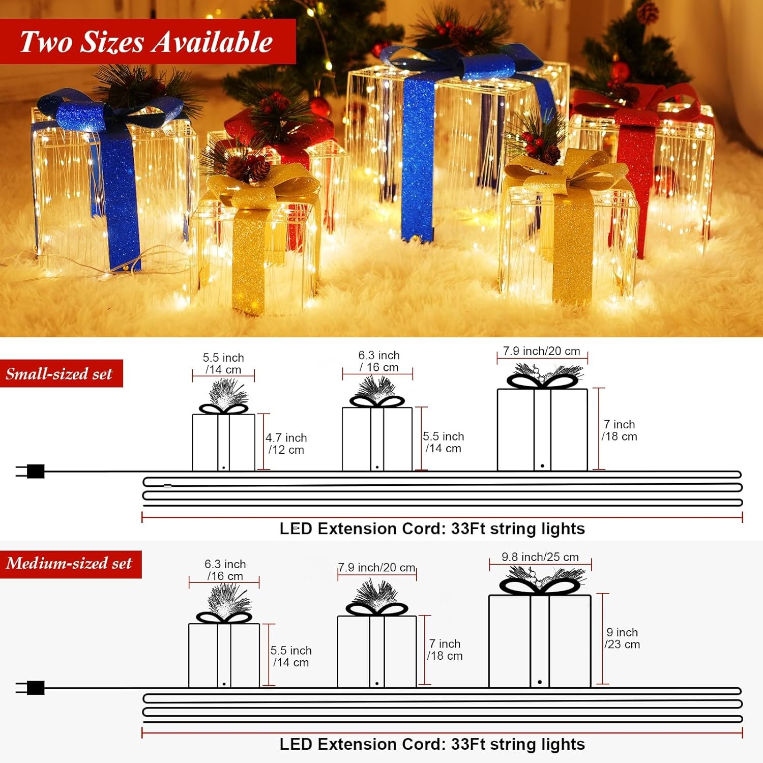 Sparkling Christmas Lighted Gift Boxes W/ 270 LEDs, 33Ft String Lights Light up Christmas Decoration Indoor Outdoor, Holiday Decor Present Boxes Xmas Ornament for Tree Skirt Yard Porch Home, Set of 3 - Image 7
