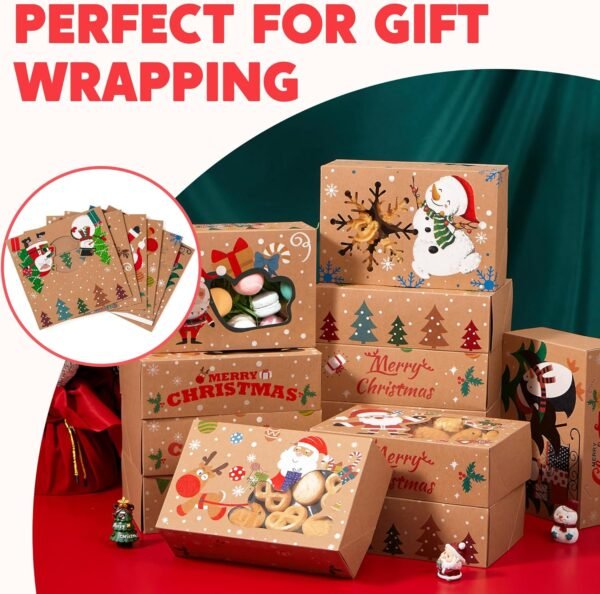 JOYIN 24PCS Christmas Cookie Boxes for Gift Giving, 8.5" x 5.75" x 2.75" Xmas Holiday Treats Cookie Tins with Window, 6 Designs Brown Kraft Bakery Boxes for Pastries, Cupcakes, Brownies, Doughnut - Image 5